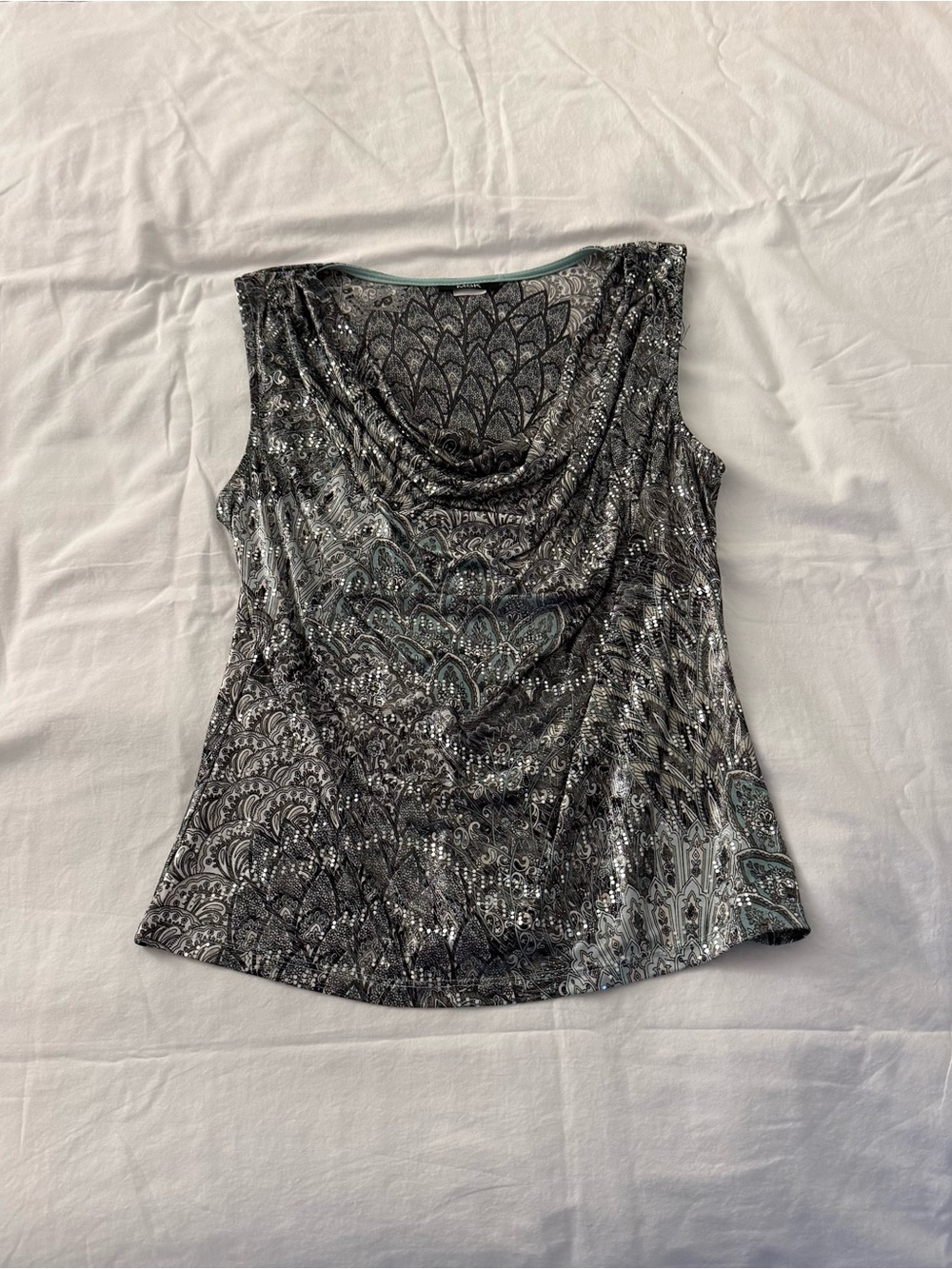 MSK black & silver sequin cowl neck top with paisley design